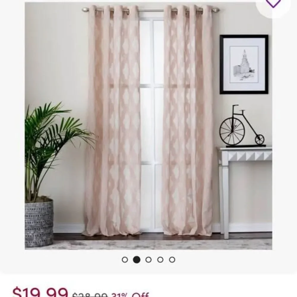 Two linen-blend blush pink embroidered curtain panels, 50x84, EUC